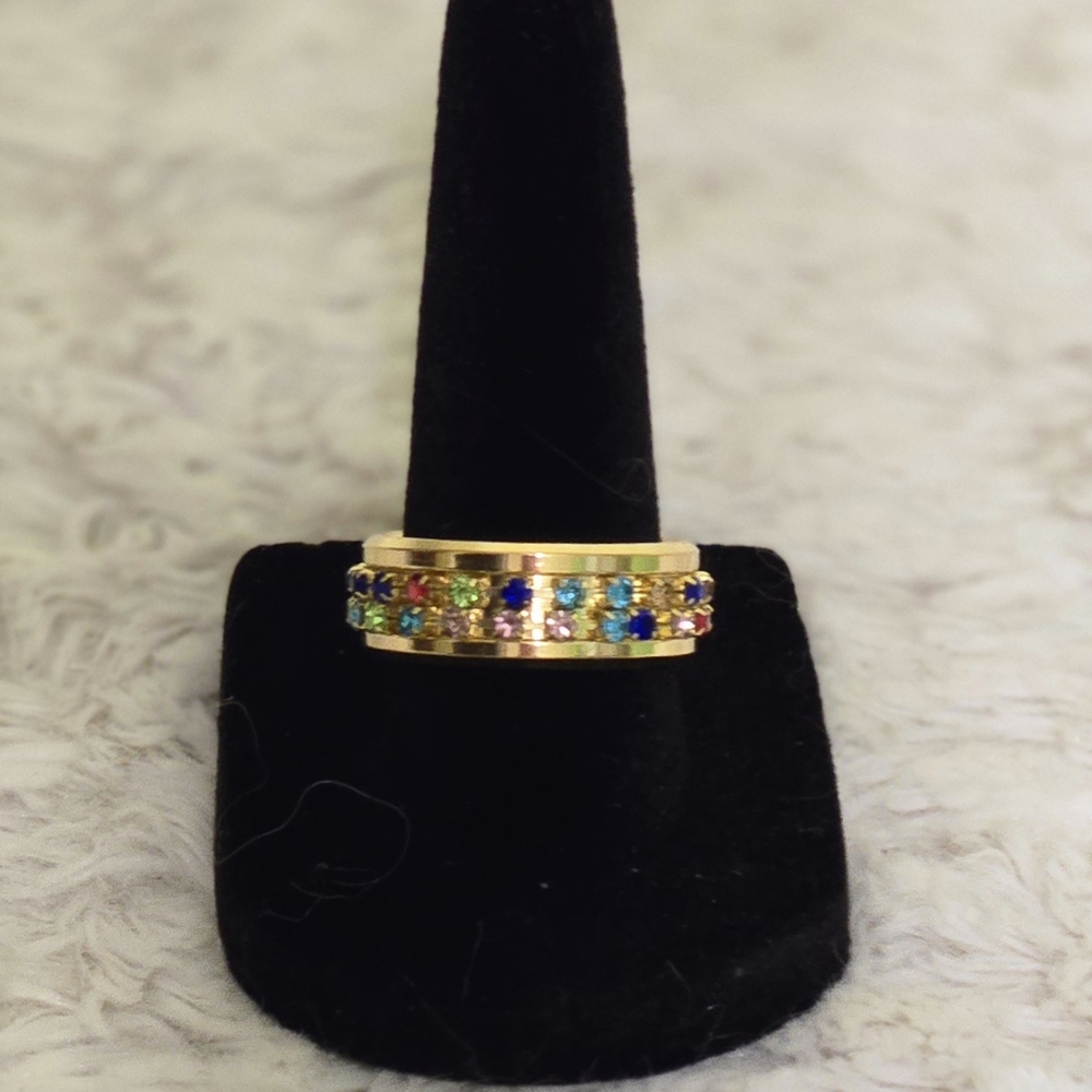 Stainless Steel 18k Gold Overlay Multi-Colored Stones Band Ring‎ Sz 8 & 10